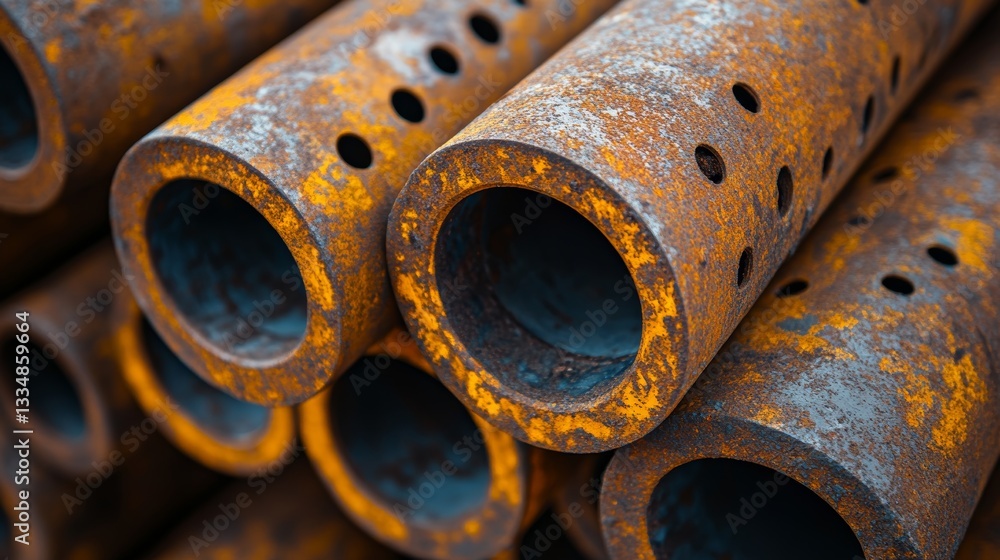 Poster macro photograph capturing a stack of heavily rusted and corroded metal pipes with drilled holes, cr