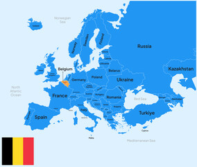 Obraz premium Belgium vector map, Europe. Editable Vector map silhouette illustration isolated on Europe, highlighted at Belgium, with flag, country name, border, and capital city.