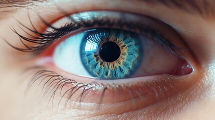 Fototapeta premium Macro shot of a stunning blue eye with detailed iris and eyelashes, capturing the beauty and intricacy of human anatomy