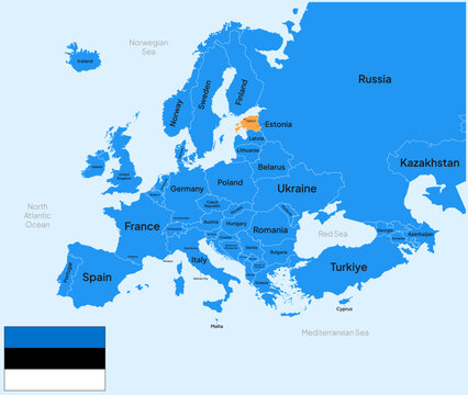 Estonia vector map, Europe. Editable Vector map silhouette illustration isolated on Europe, highlighted at Estonia, with flag, country name, border, and capital city.