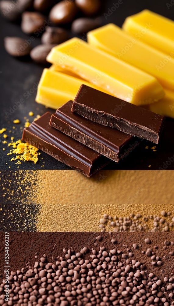 Poster macro studio shot showcases an assortment of delectable cocoa ingredients including cocoa beans, coc