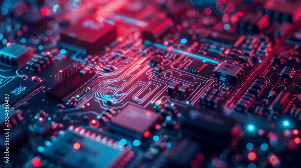 Aufkleber macro view of a vibrant computer circuit board showcasing intricate electronic components and glowin