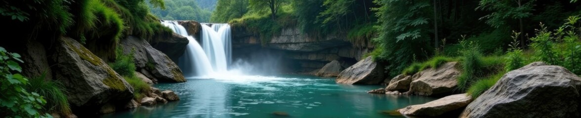 Obraz premium Wasserfall in einer tiefen Schlucht mit B?umen und Moos, vegetation, canyon, trees