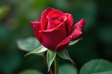 Water beads form on the slightly opened red rose bud's outer layer, stem, leaves, nature