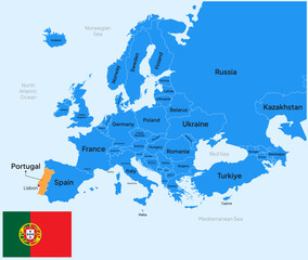 Portugal vector map, Europe. Editable Vector map silhouette illustration isolated on Europe, highlighted at Portugal, with flag, country name, border, and capital city.