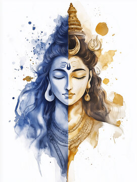 Watercolor painting of Ardhanarishvara, Lord Shiva and Goddess Parvati in one form, half-masculine and half-feminine, delicate brush strokes, serene expression, blue and gold tones on white background