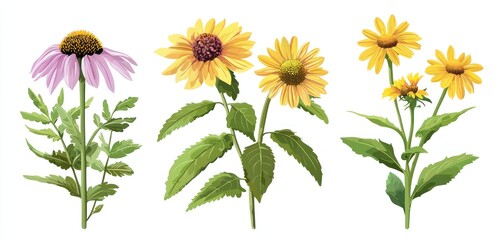 Fototapeta premium A rich collection of healing blooms, including calendula and St. JohnA's wort, finely detailed, isolated for natural-themed uses.