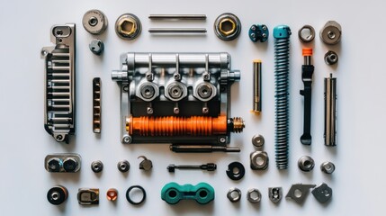 Obraz premium Flat lay of various mechanical parts, including a central engine component, arranged on a white background.