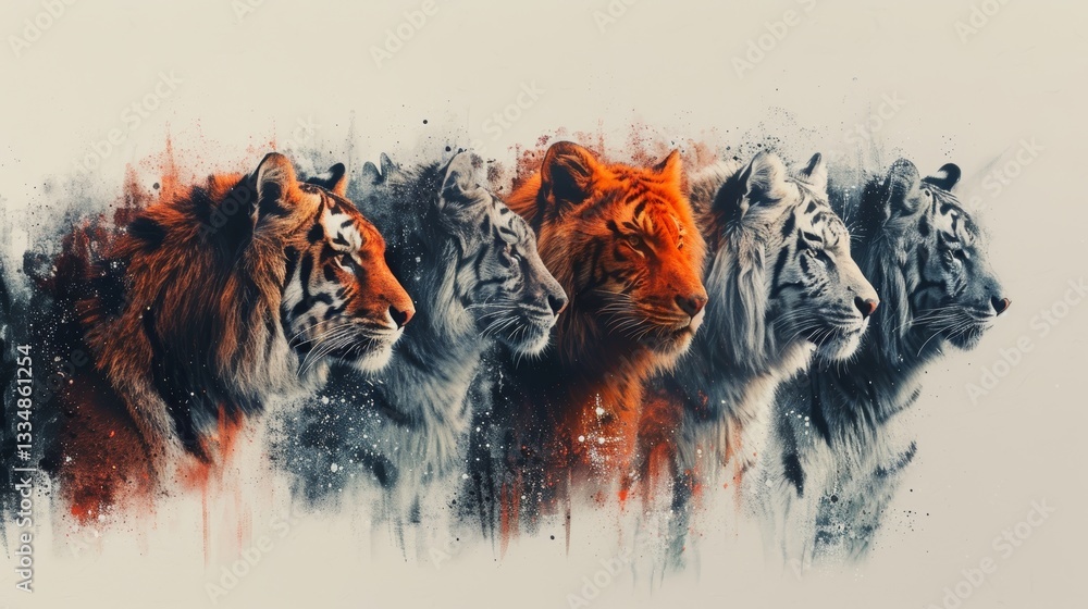 Poster magnificent array of tigers showcasing vibrant orange and monochromatic hues, displaying power and a