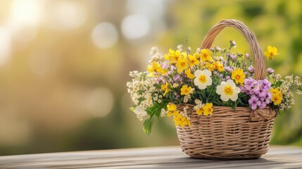 Vibrant Mixed Flowers in a Wicker Basket Under Warm Sunlight
