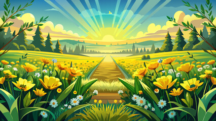 Fototapeta premium sunlight, A detailed description of the stock photo A symmetrical summer landscape showcasing a picturesque field of yellow wildflowers creating a vibrant and stunning floral