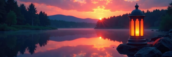 Lantern glows softly as it rises above a tranquil lake at dusk, lantern, glow, ascending