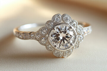 Diamond engagement ring with a floral design, sparkling on a white satin pillow, soft natural light enhances the intricate details.