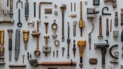 Fototapeta premium Flat lay of various metal tools and parts arranged on white background.