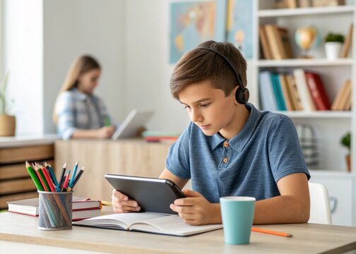 A focused student sitting at a desk using a tablet for online learning. The classroom setting includes books and a cup of pens in the background - Powered by Adobe