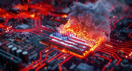 American flag burning on a CPU, representing cyber warfare, technology export restrictions, or sanctions against the USA