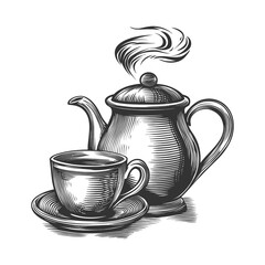 Vintage Teapot and Cup Illustration with Steam Rising from Spout