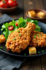 Crispy fried chicken on black plate with mixed greens and croutons, plate, crouton, mix