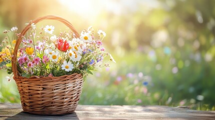 Vibrant Mixed Flowers in a Wicker Basket Under Warm Sunlight