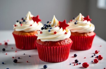 Patriotic Sweet 4th of July Muffins with American Flag. Dessert food for celebrating American Independence Day