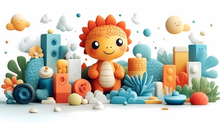 Obraz premium 3D cartoon background with many colorful elements