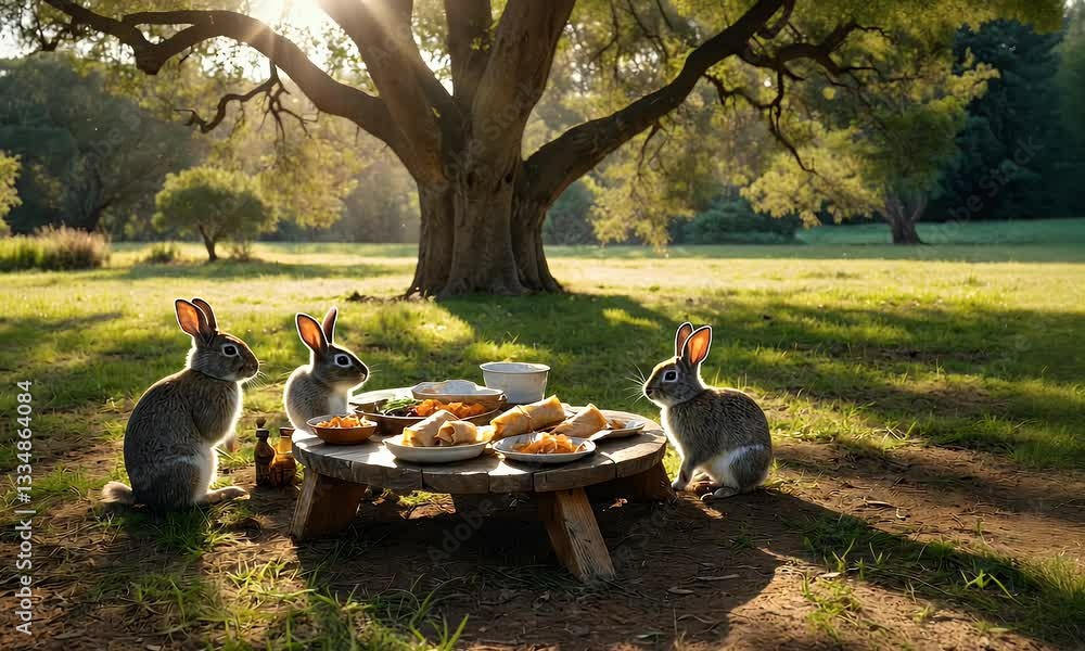 Poster a whimsical scene of rabbits enjoying a picnic under a large tree in a serene meadow.