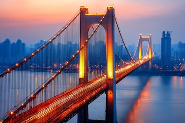 Fototapeta premium Illuminated Suspension Bridge Over Water at Dusk with City Skyline in Background