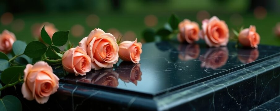 Delicate peach roses on black marble tombstone, serene atmosphere, elegance, flowers, somber