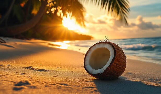 A halved coconut lies on soft, golden sand at a tropical beach during sunset

