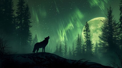 Majestic howling wolf silhouetted against a vibrant green aurora borealis and full moon amidst a mystical forest landscape
