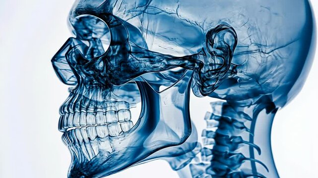 Detailed x-ray of a human skull highlighting the inner ear and jaw structure