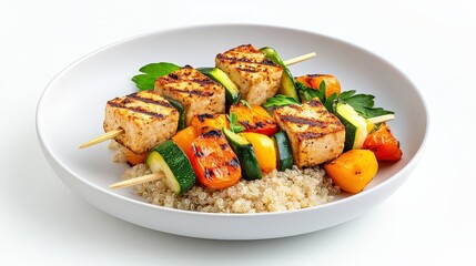 Fototapeta premium Grilled vegetable and chicken skewers served on a bed of quinoa, showcasing vibrant colors and healthy ingredients.