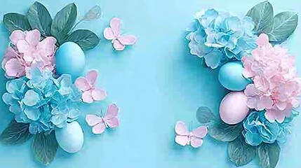 Pastel Easter eggs and hydrangeas.