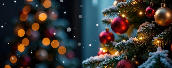 Festive Christmas tree with shiny ornaments and glittering lights, ribbons, snowy, sparkles