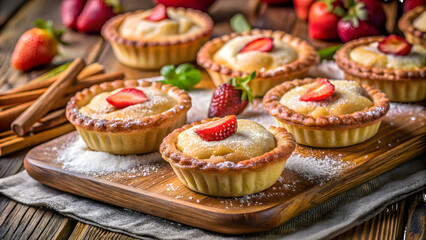 Strawberry Rhubarb Pie Tartlets on Wooden Serving Board 