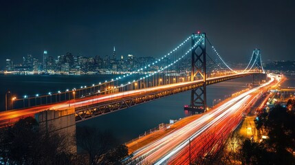 Naklejka premium Majestic city bridge illuminated at night with blurred traffic lights streaks