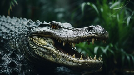 Obraz premium Menacing alligator with open mouth showcasing sharp teeth and textured skin, emerging from the dark waters of a lush green jungle habitat
