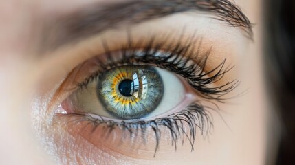 Fototapeta premium Mesmerizing close-up of a human eye displaying a unique blend of green, blue, and gold hues with detailed eyelashes framing the eye