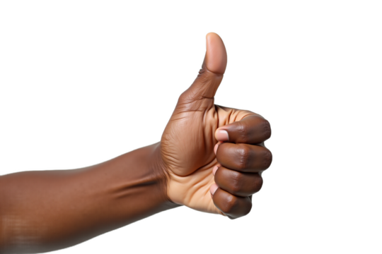 Dark-skinned hand giving thumbs up, isolated on transparent background. Photorealistic studio shot for positive feedback, approval, agreement, success, encouragement, and communication. 
