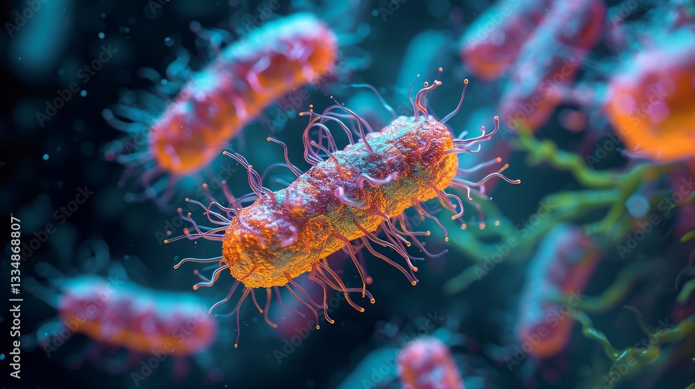 Poster microscopic view of a swarm of dangerous colorful bacteria cells multiplying and swimming in a dark 
