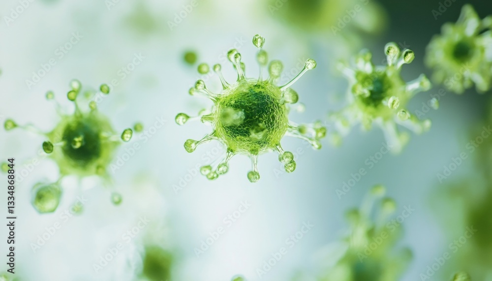 Poster microscopic view of green virus cells floating in a light background representing infection and dise