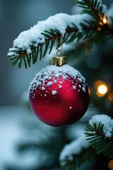 Snow covered red Christmas ornament nestled in the branches of a frosted pine tree, tree, pine, festive