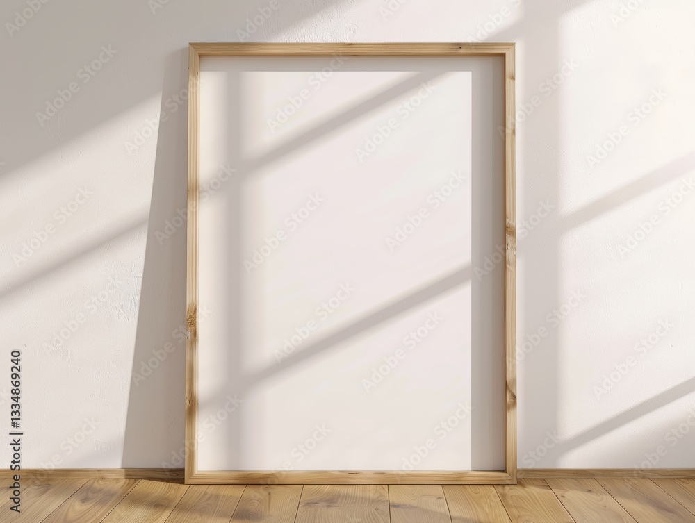 Poster minimalist blank canvas in wooden frame against a textured wall with gentle window light casting sha