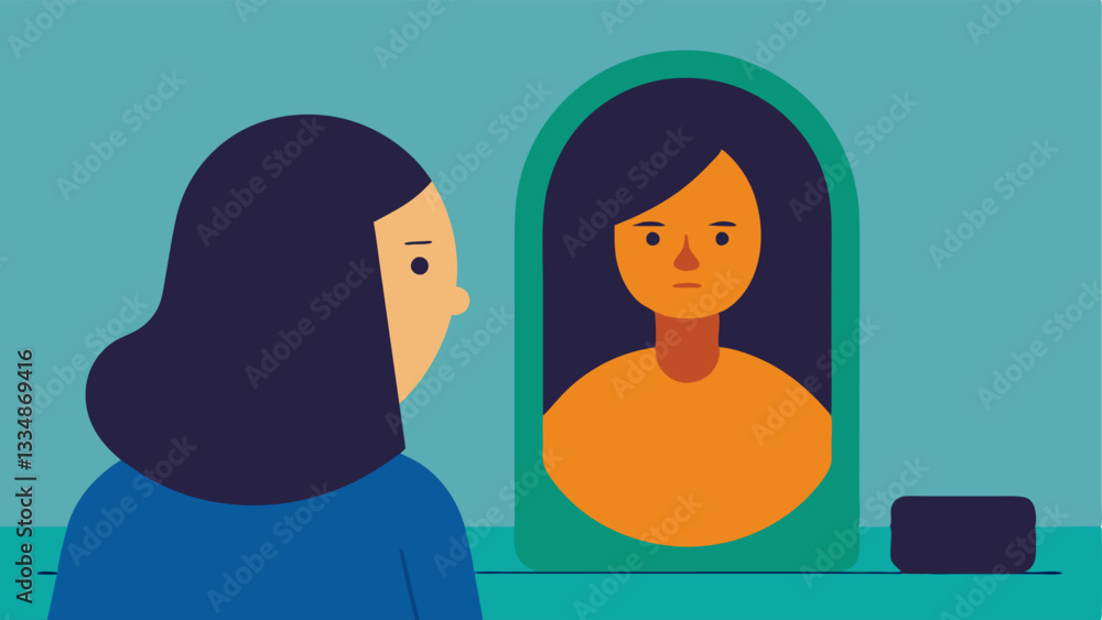 Poster mirror reflection an of a person looking into a traditional mirror showing their natural face while 