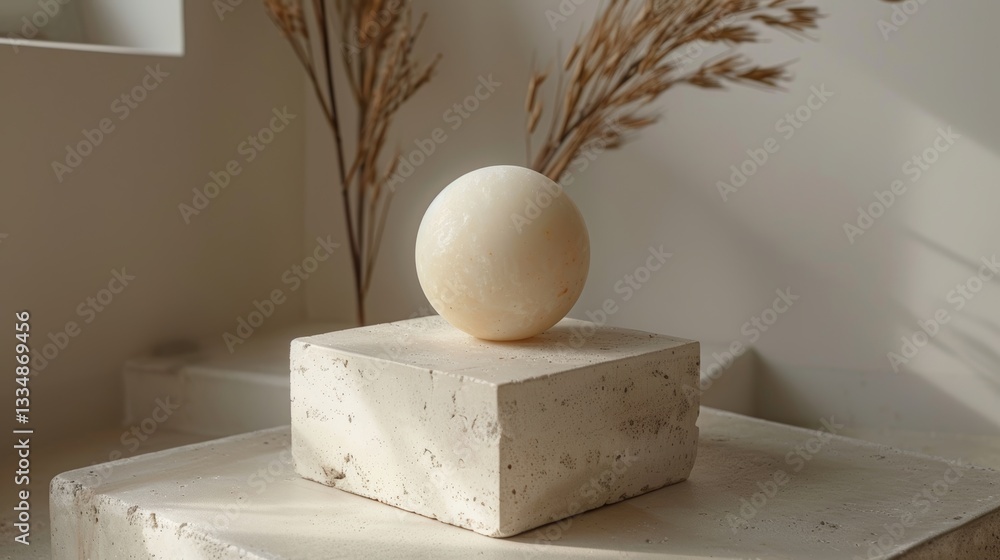 Poster minimalist composition with a textured sphere resting on a concrete cube, complemented by natural dr