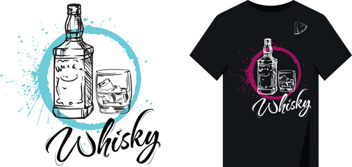 Vector design of whiskey, glass, hand drawn. T-shirt print circle grunge style, splashes, brush strokes