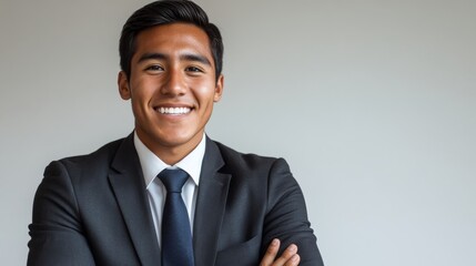 Young man smiling with arms crossed wearing business suit and tie against plain background