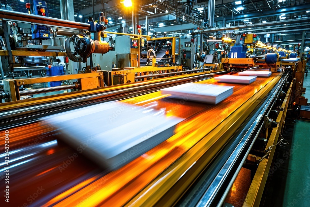 Poster the automated paper production line at a modern factory with dynamic conveyor belt showing the manuf