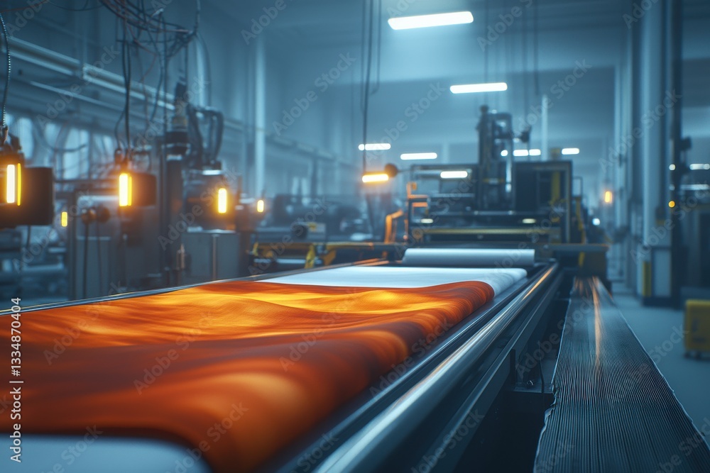 Poster close-up of a textile processing machine applying a fire-like color pattern on white fabric, automat