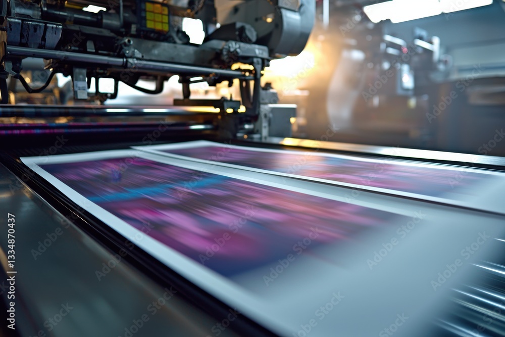 Aufkleber close up of modern printing machine with colorful picture production with motion blur effect in a br